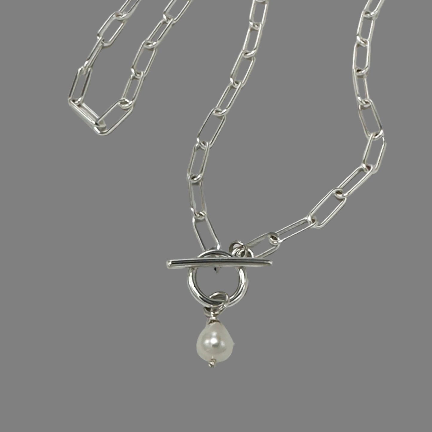 Pearl Drop Paperclip Chain Toggle Necklace in Sterling Silver, 4.3mm