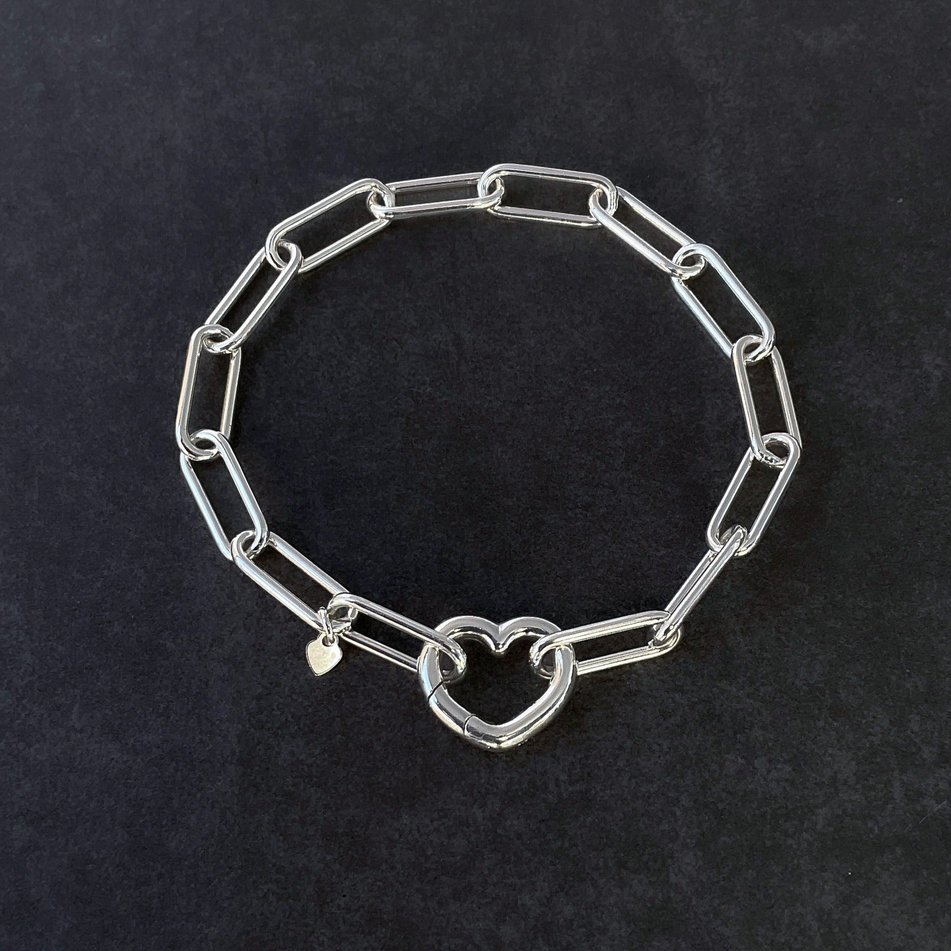 sterling silver statement bracelet with large open heart clasp