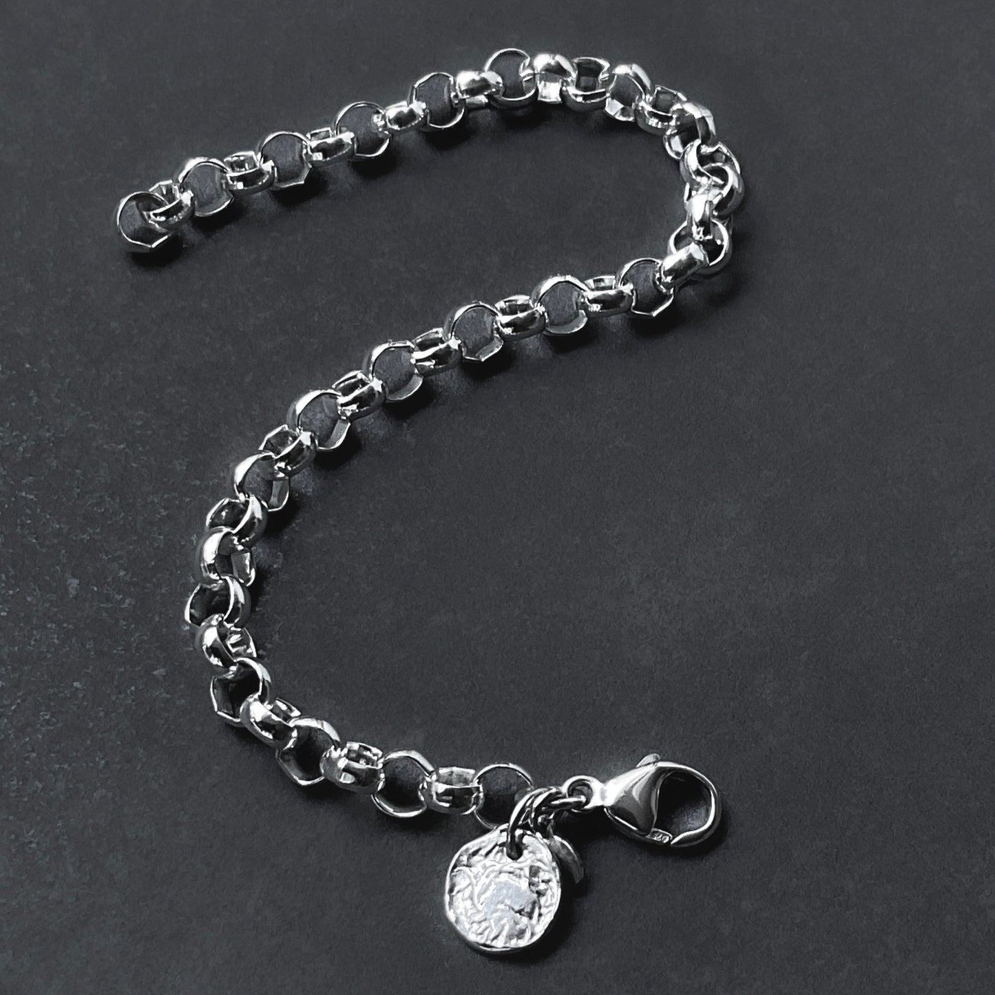 Chunky Rolo Chain Bracelet Medallion Charm in Sterling Silver, 6.3mm