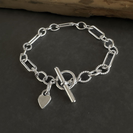 Chunky Heart Charm Link Chain Toggle Bracelet in Sterling Silver, 6mm