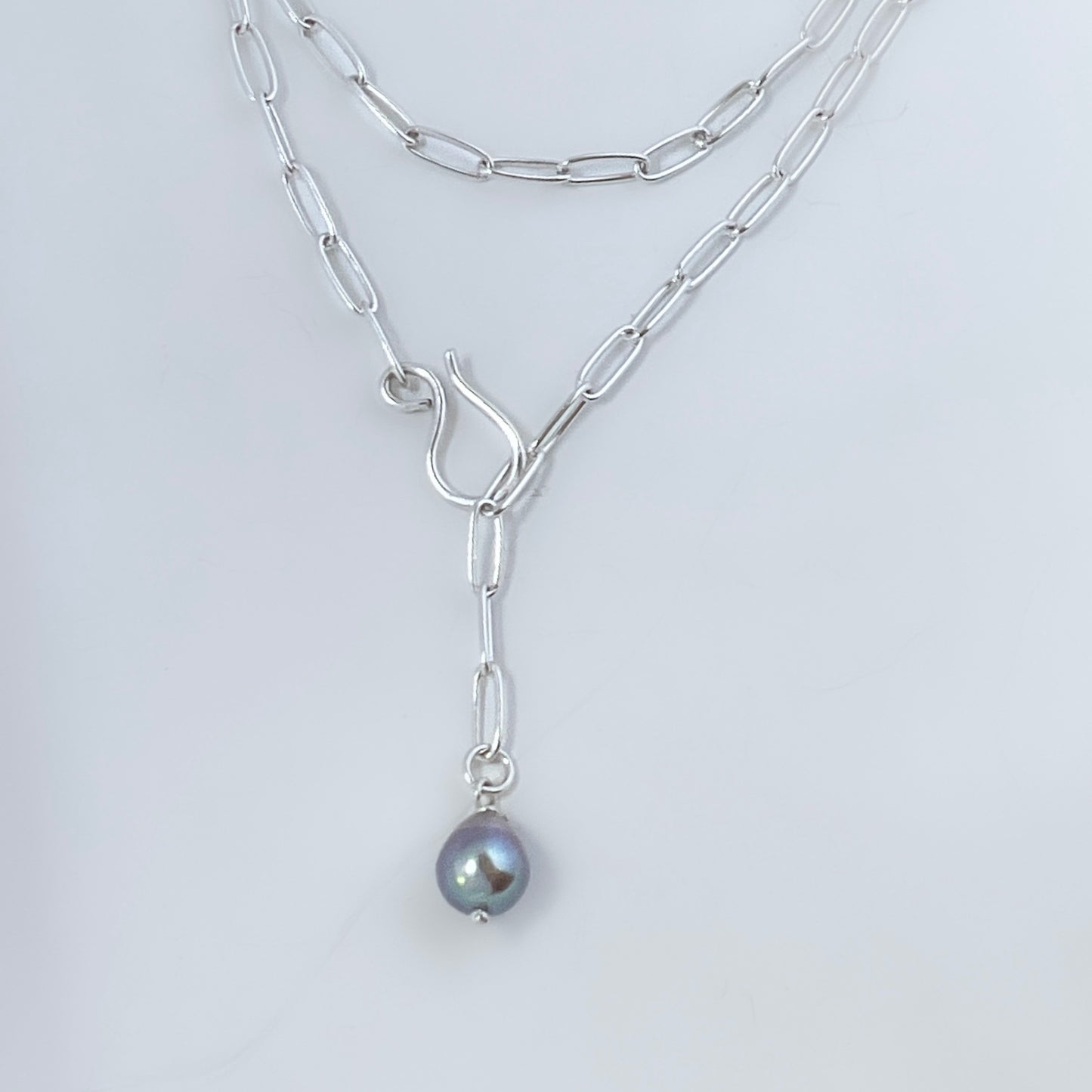 Grey Freshwater Pearl Lariat Necklace in Sterling Silver