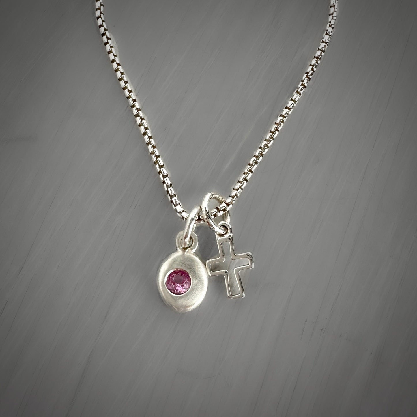 Lab-Grown Pink Tourmaline Nugget Necklace | Sterling Silver Cross Charm | Dainty Box Chain