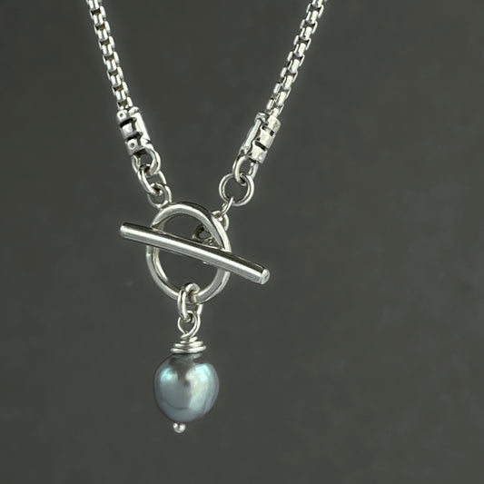 Grey Freshwater Pearl Pendant Necklace in Sterling Silver, 1.8mm