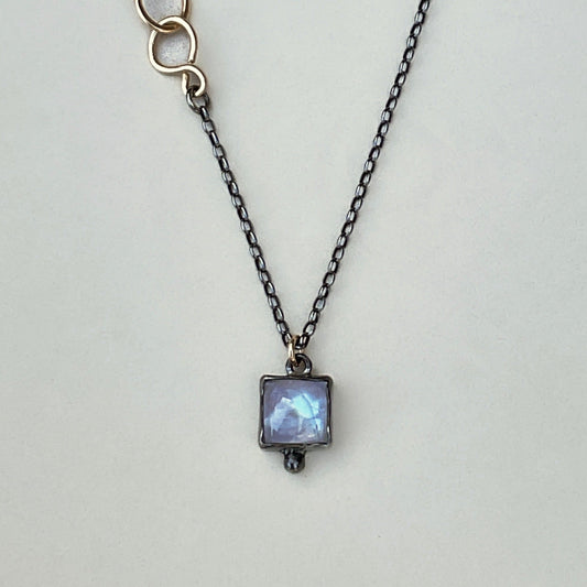 Rainbow Moonstone Pendant Necklace in Sterling Silver and Gold, 2mm