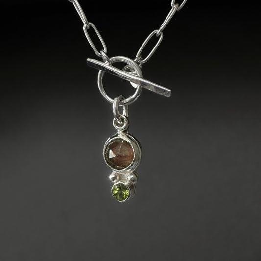 Watermelon Tourmaline Peridot Pendant Paperclip Necklace in Sterling Silver, 3mm