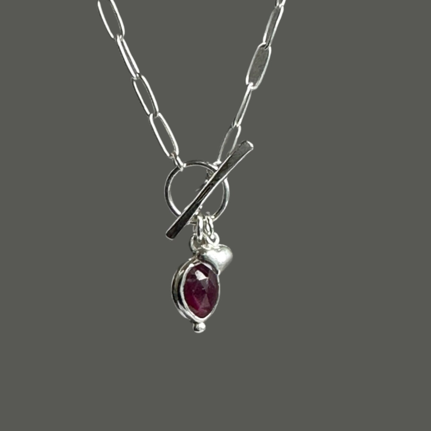 Garnet Charm Necklace in Sterling Silver, 3mm