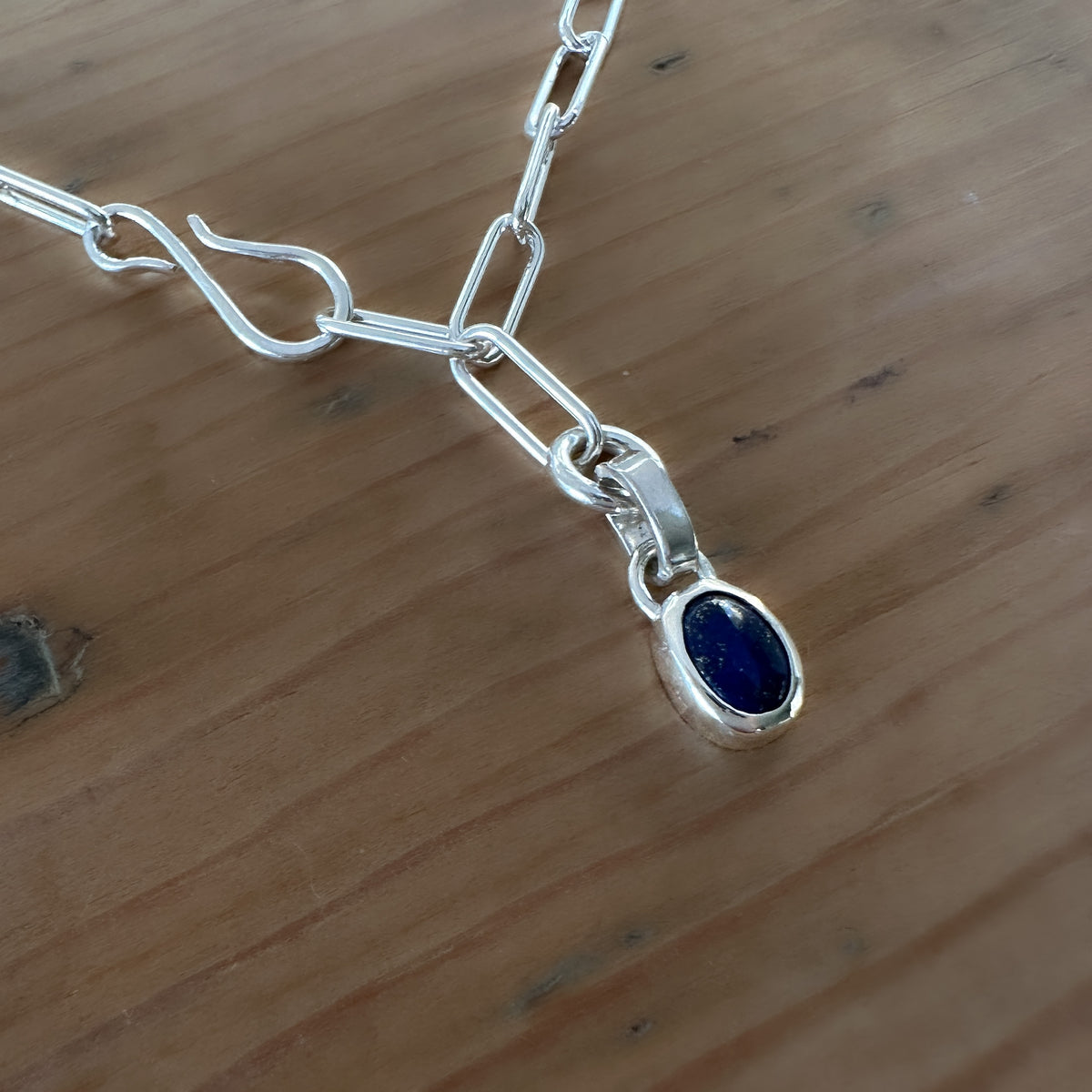Sterling Silver Paperclip Necklace with Natural Lapis Lazuli, Adjustable Hook Clasp Lariat