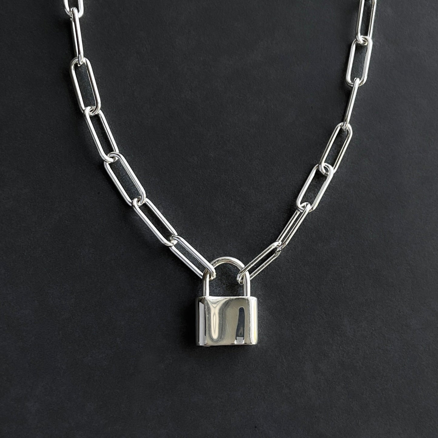 Padlock Necklace Paperclip Chain in Sterling Silver, 4.3mm