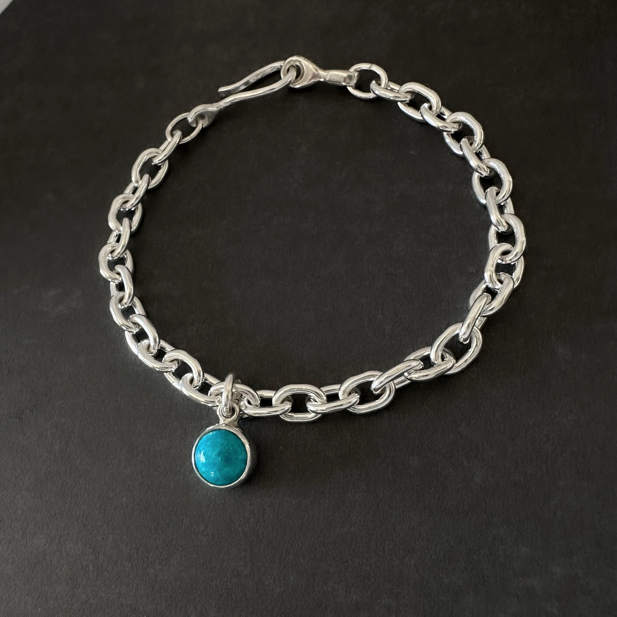 Handcrafted Sterling Silver Cable Chain Bracelet | Kingman Turquoise Charm
