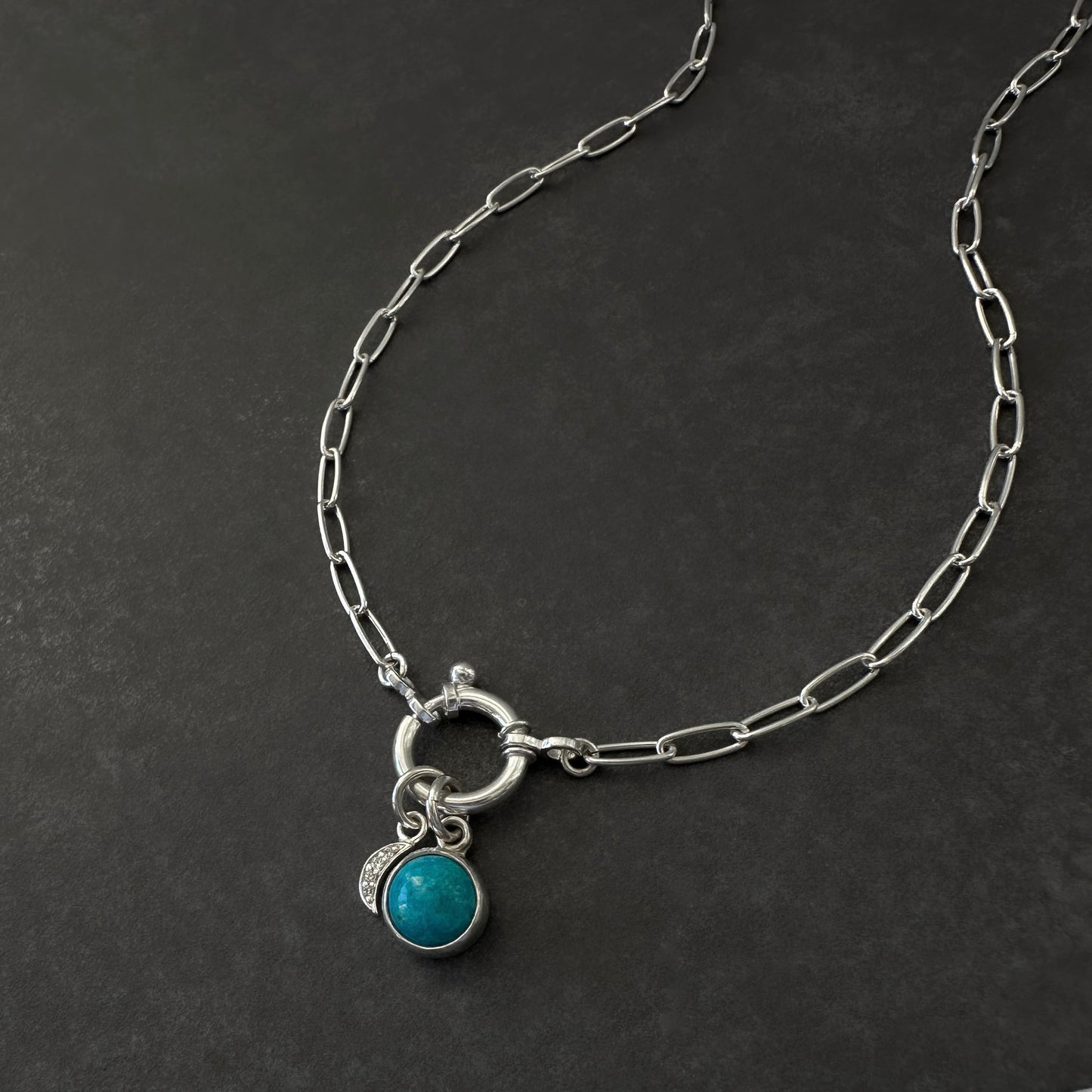 Sterling Silver Turquoise Pendant Necklace | Crescent Moon Pave Charm | Paperclip Chain with Charm Holder Clasp