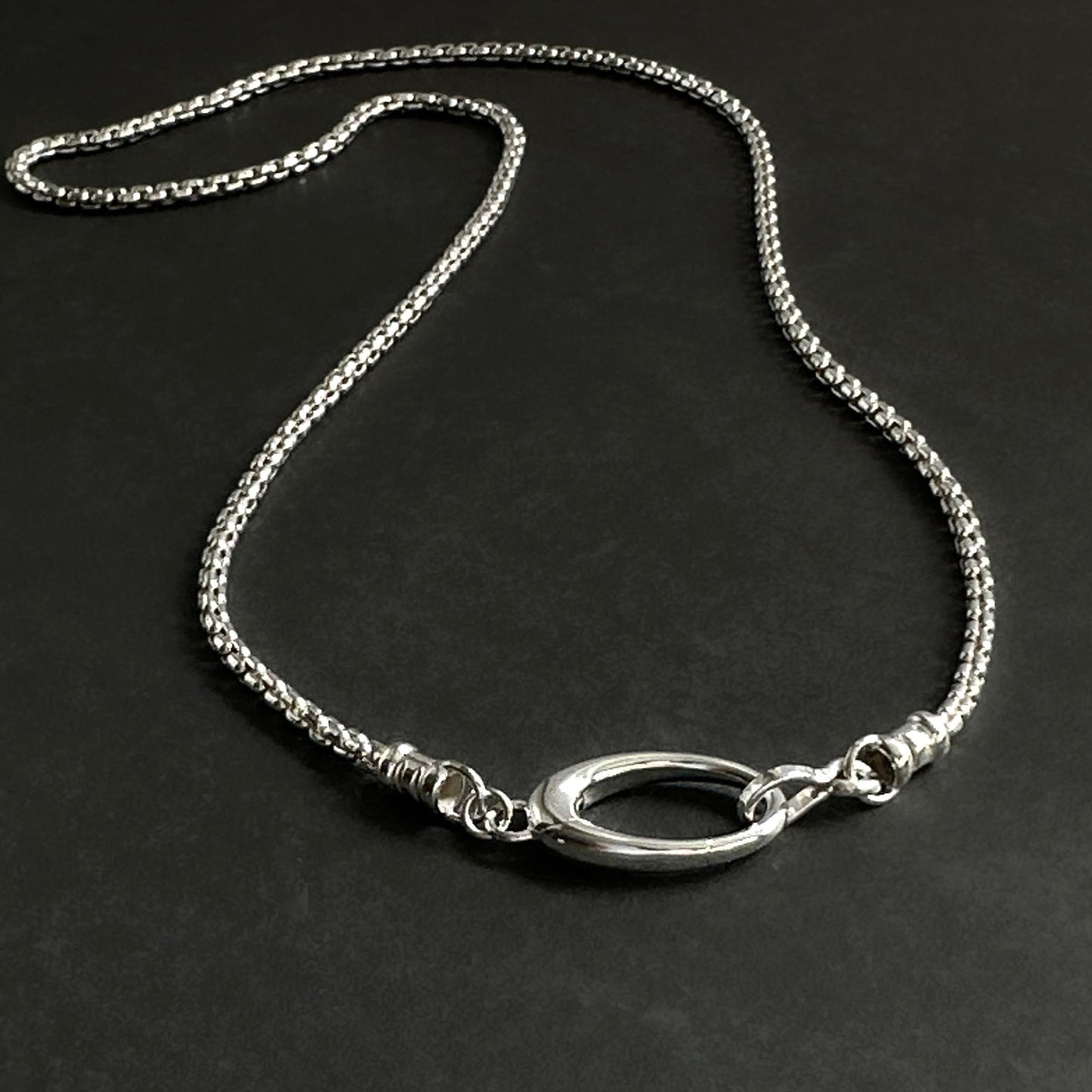 Oval Pendant Clip Round Box Chain Necklace in Sterling Silver, 2.5mm