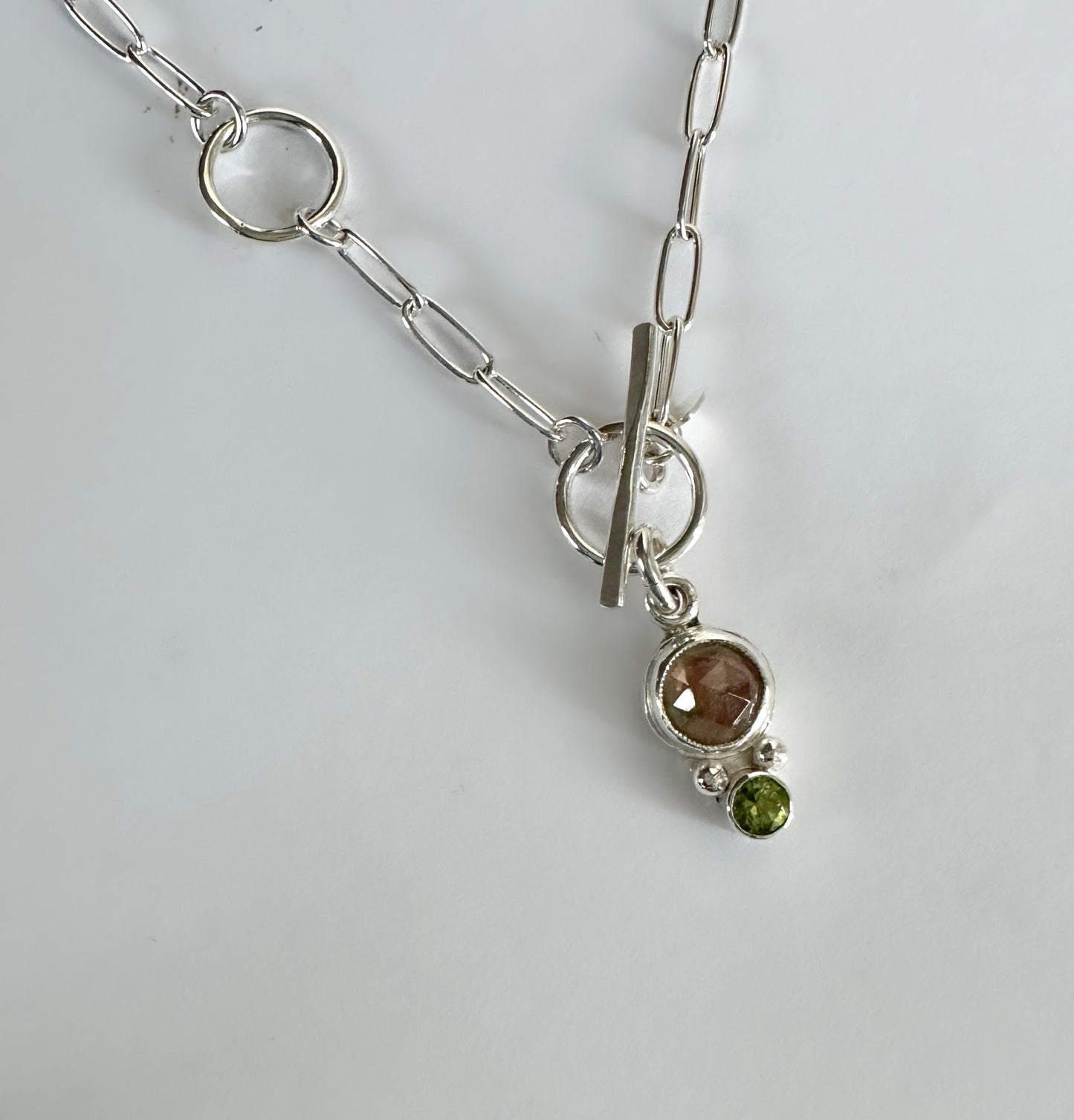 Watermelon Tourmaline Peridot Pendant Paperclip Necklace in Sterling Silver, 3mm