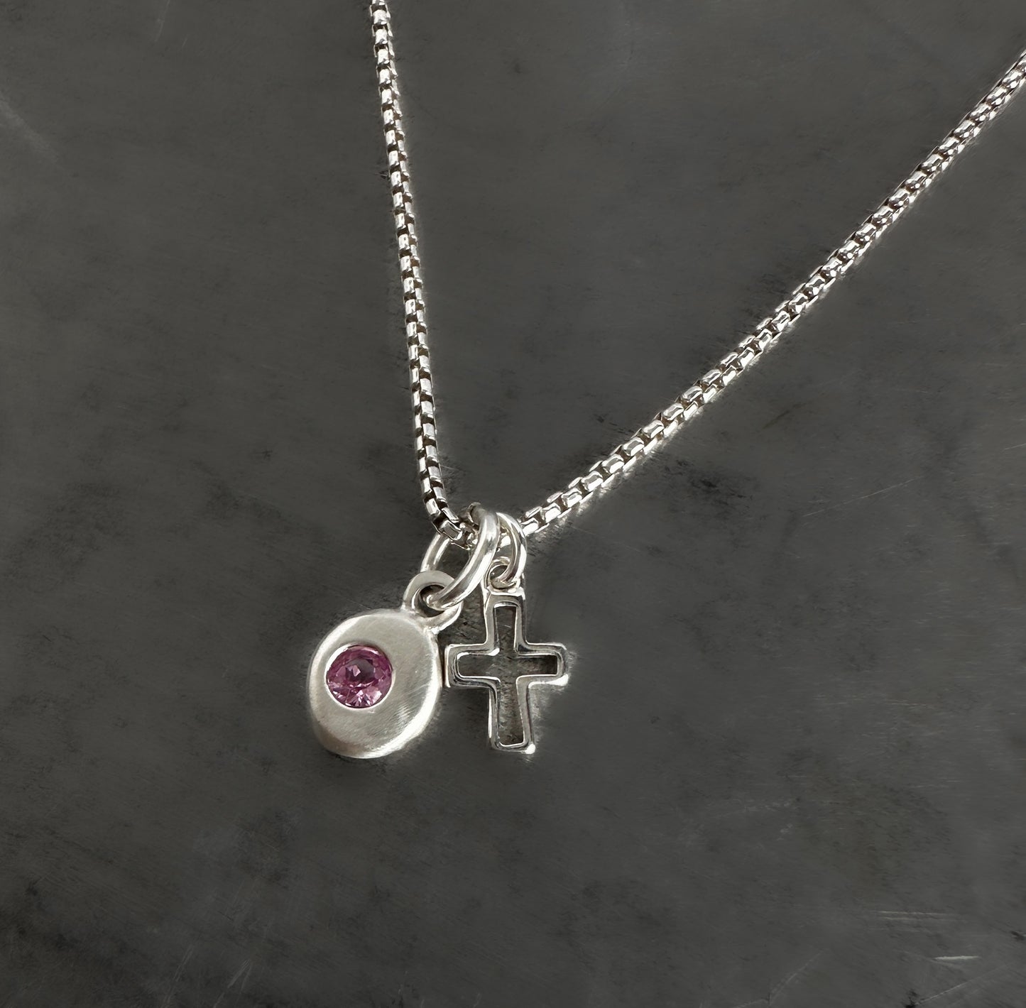 Lab-Grown Pink Tourmaline Nugget Necklace | Sterling Silver Cross Charm | Dainty Box Chain