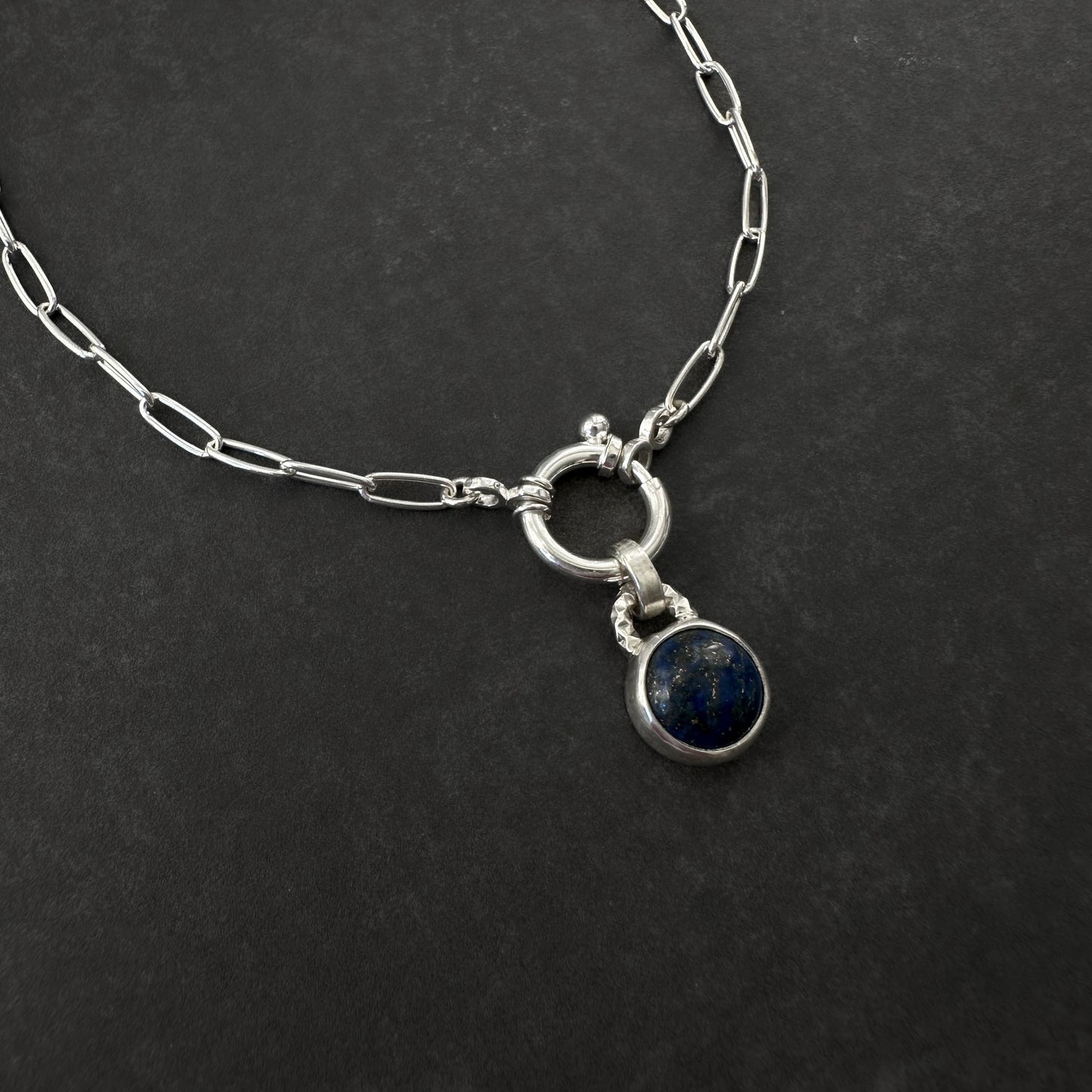 Sterling Silver Lapis Lazuli Pendant Necklace | Paperclip Chain with Charm Holder Clasp