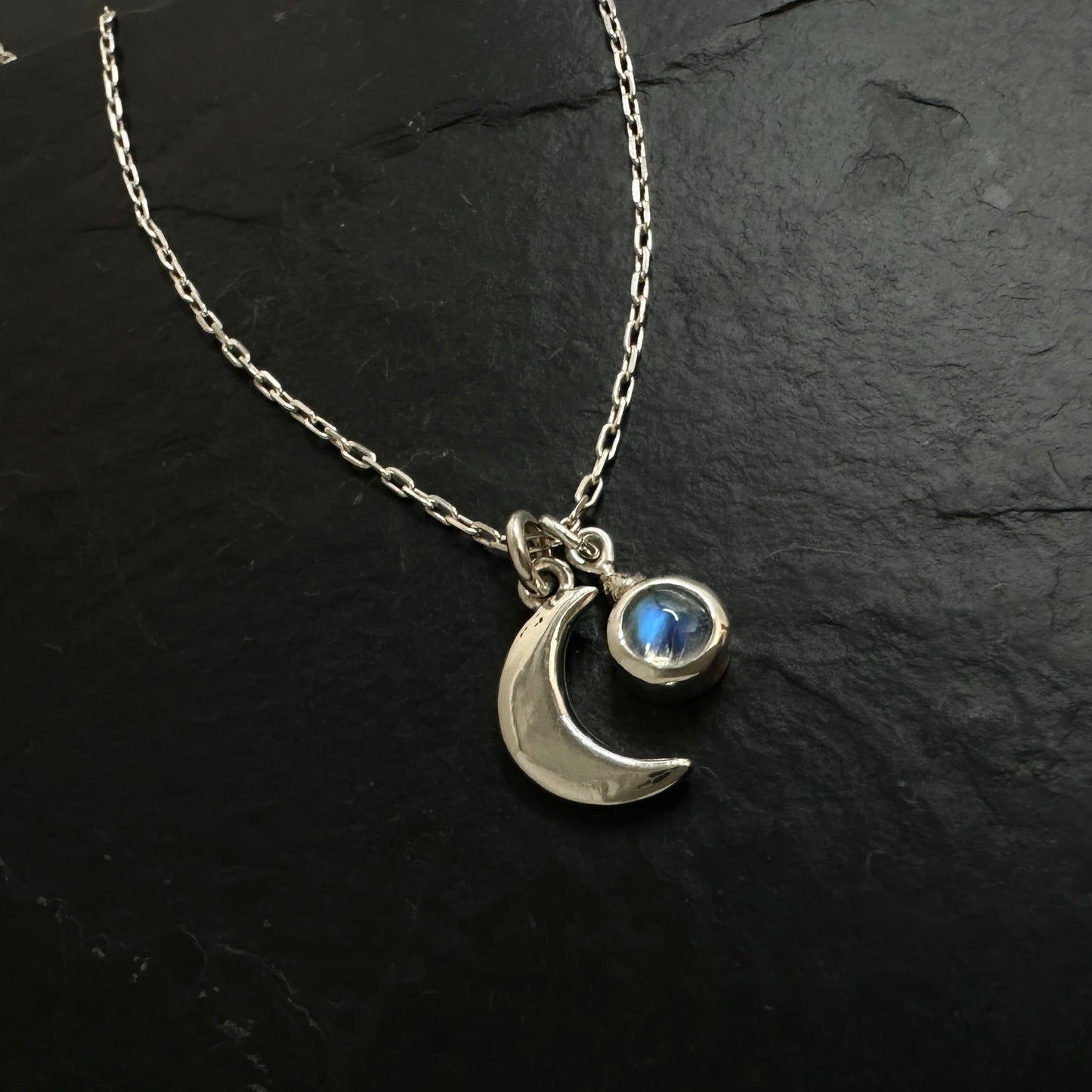 Rainbow Moonstone Crescent Moon Pendant Necklace – Sterling Silver