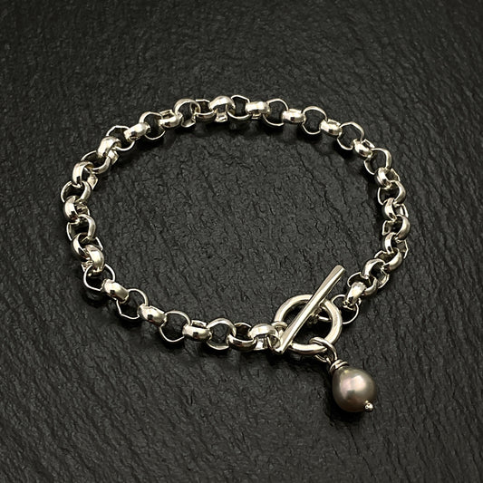 Chunky Sterling Silver Toggle and Pearl Bracelet, 6.3mm