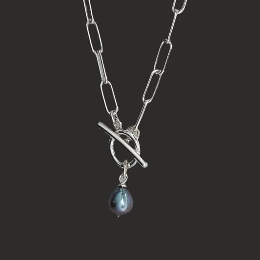 Pearl Drop Paperclip Chain Toggle Necklace in Sterling Silver, 4.3mm