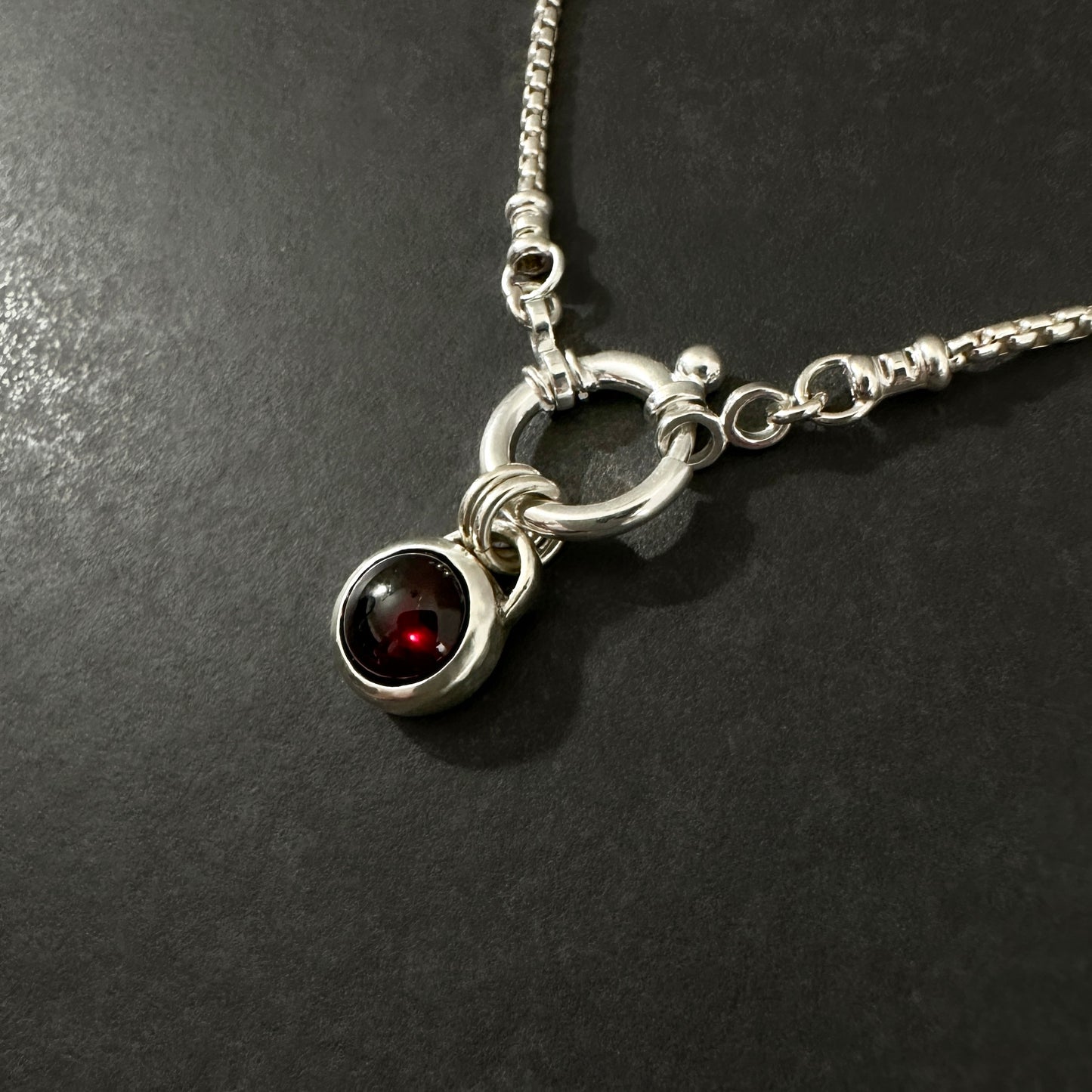 Sterling Silver Garnet Pendant Necklace | Round Box Chain with Pendant Holder Clasp