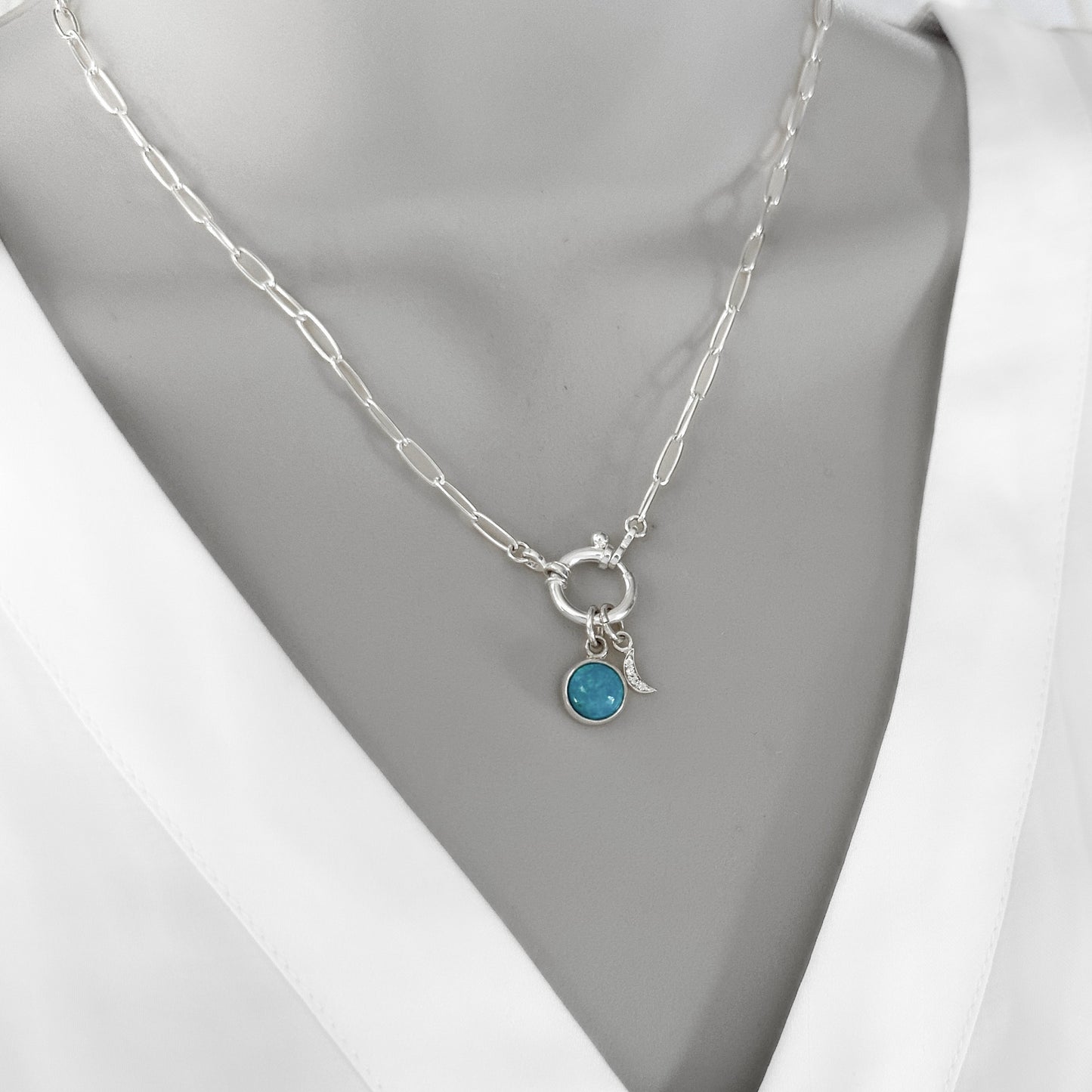 Sterling Silver Turquoise Pendant Necklace | Crescent Moon Pave Charm | Paperclip Chain with Charm Holder Clasp