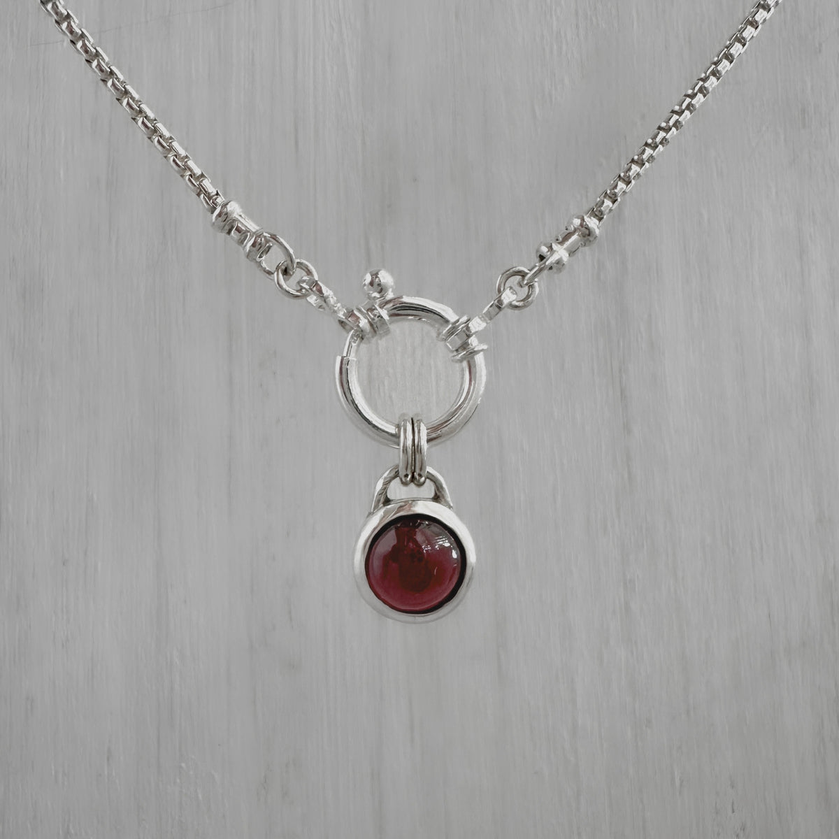 Sterling Silver Garnet Pendant Necklace | Round Box Chain with Pendant Holder Clasp