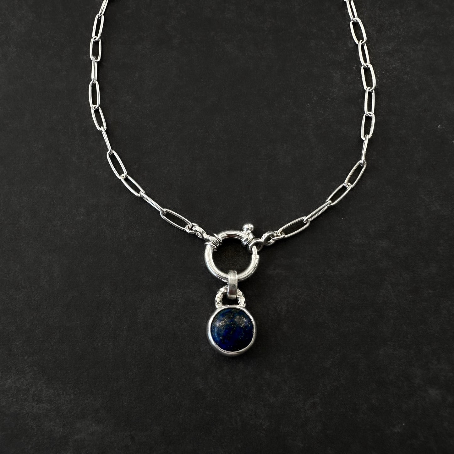 Sterling Silver Lapis Lazuli Pendant Necklace | Paperclip Chain with Charm Holder Clasp