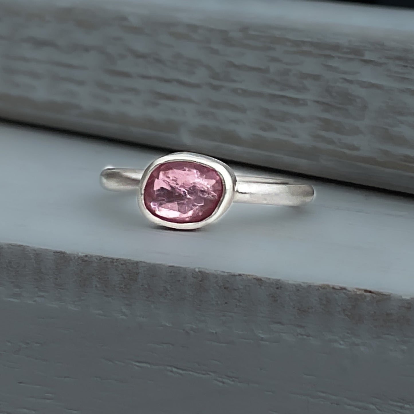 Pink Tourmaline Gemstone Sterling Silver Ring, 7.5