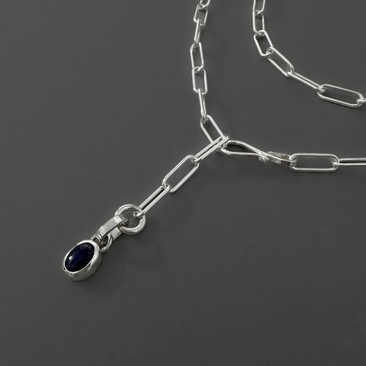 Sterling Silver Paperclip Necklace with Natural Lapis Lazuli, Adjustable Hook Clasp Lariat