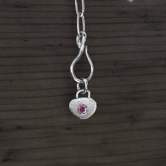 Sterling Silver Pink Tourmaline Heart Charm Necklace | Paperclip Chain