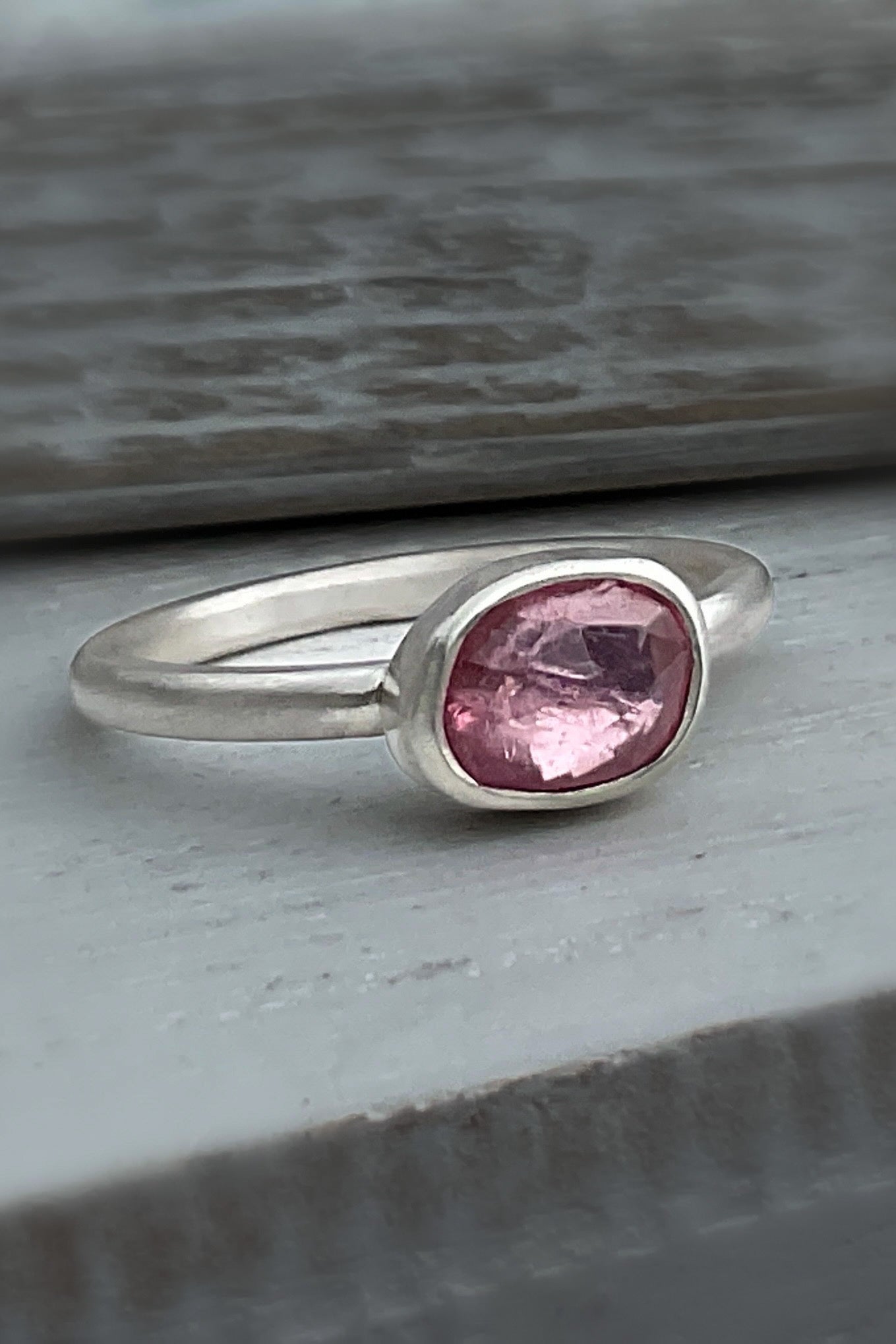 Pink Tourmaline Gemstone Sterling Silver Ring, 7.5