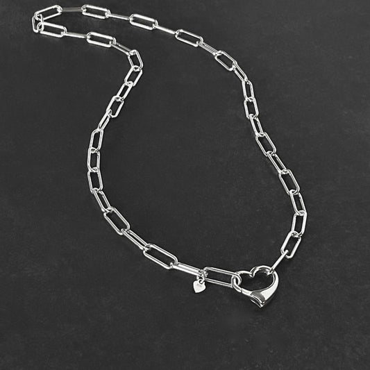 Open Heart Paperclip Chain Necklace in Sterling Silver, 4.3mm