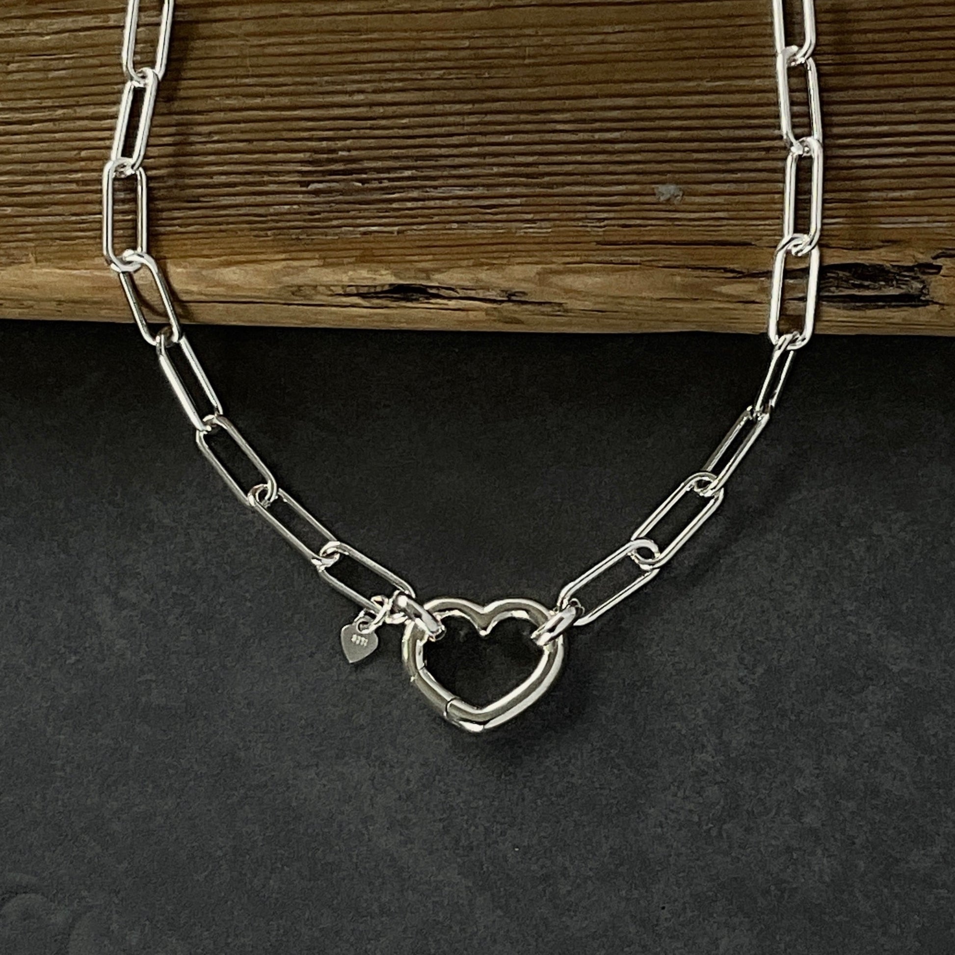 solid sterling silver paperclip chain with open heart front closing clasp 14mm