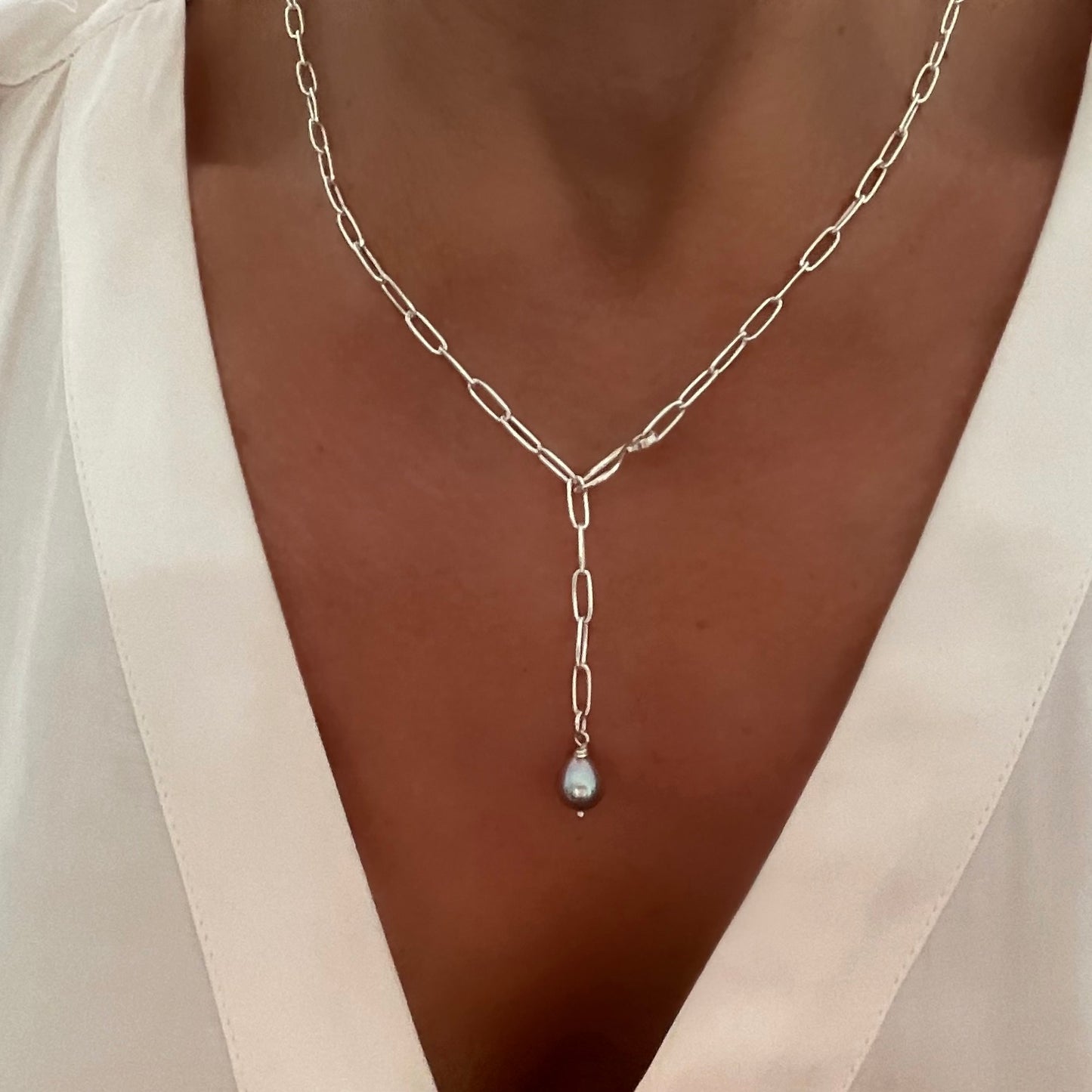 Grey Freshwater Pearl Lariat Necklace in Sterling Silver