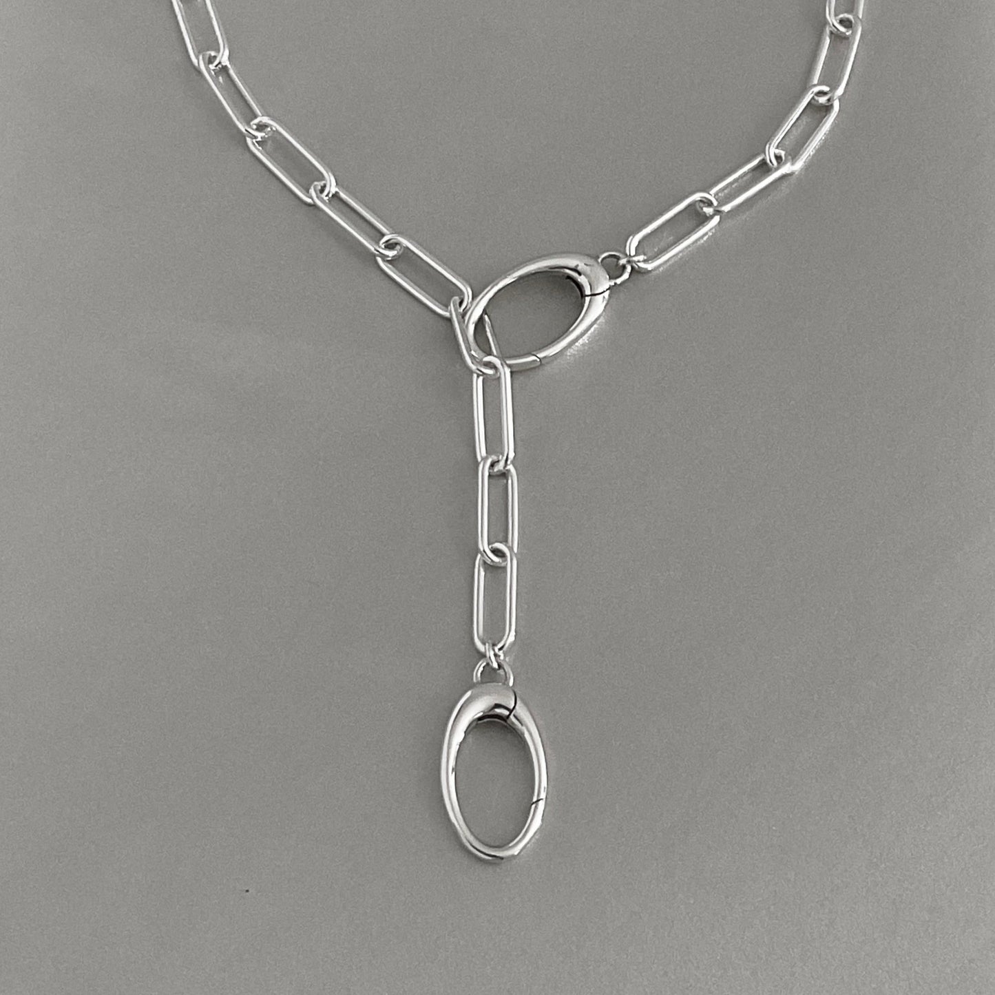 Double Clasp Oval Pendant Clip Sterling Silver Paperclip Chain Necklace, 5mm