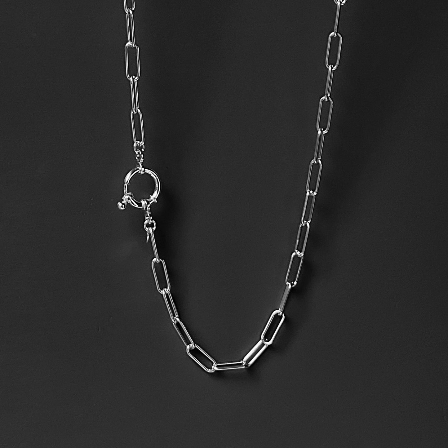 sterling silver front circle clasp paperclip chain necklace 4.3mm width chain. very versatile  in that you can wear the clasp in the front, back, to the side and ideal for interchangeable charms or pendants clasp is 12mm in diameter