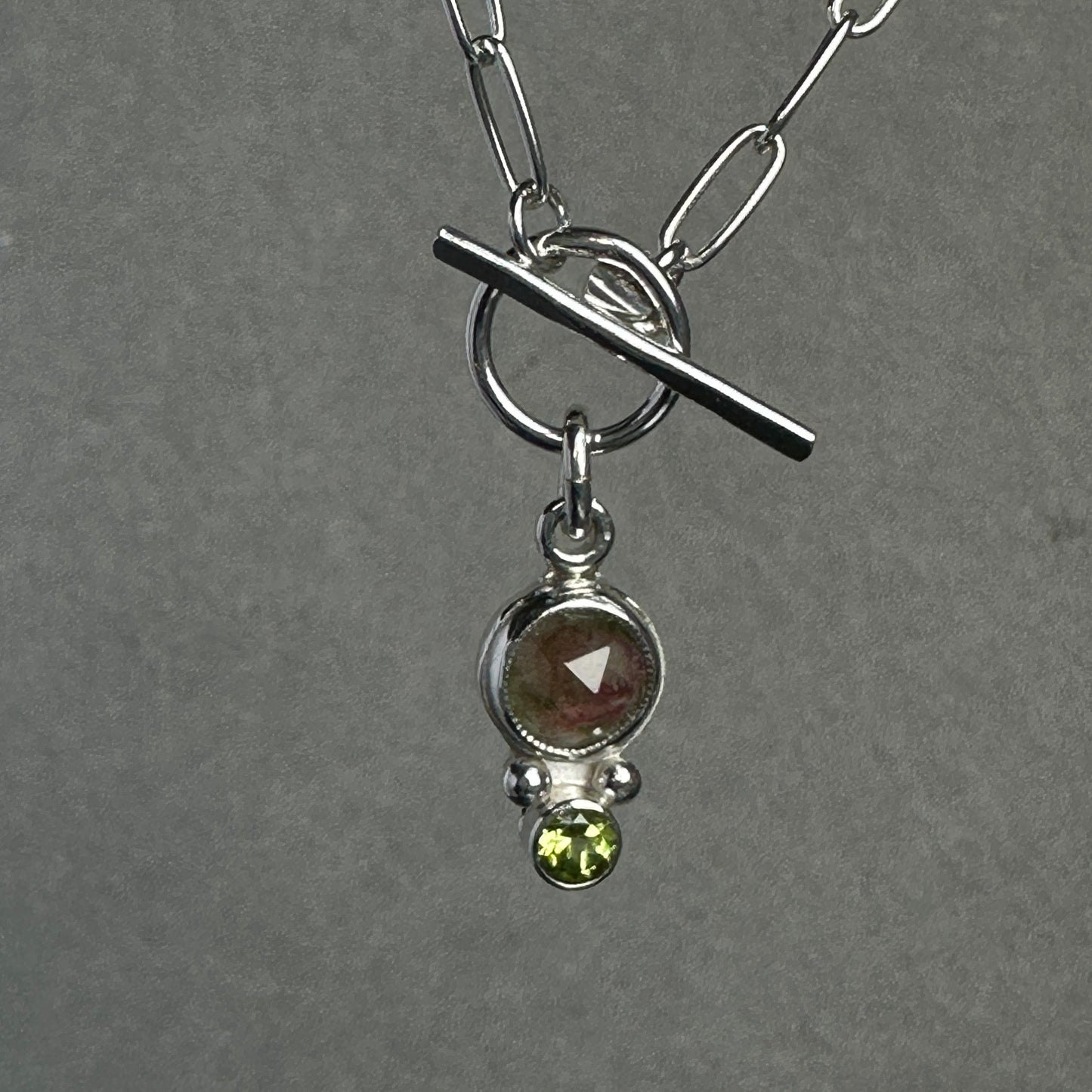 Watermelon Tourmaline Peridot Pendant Paperclip Necklace in Sterling Silver, 3mm