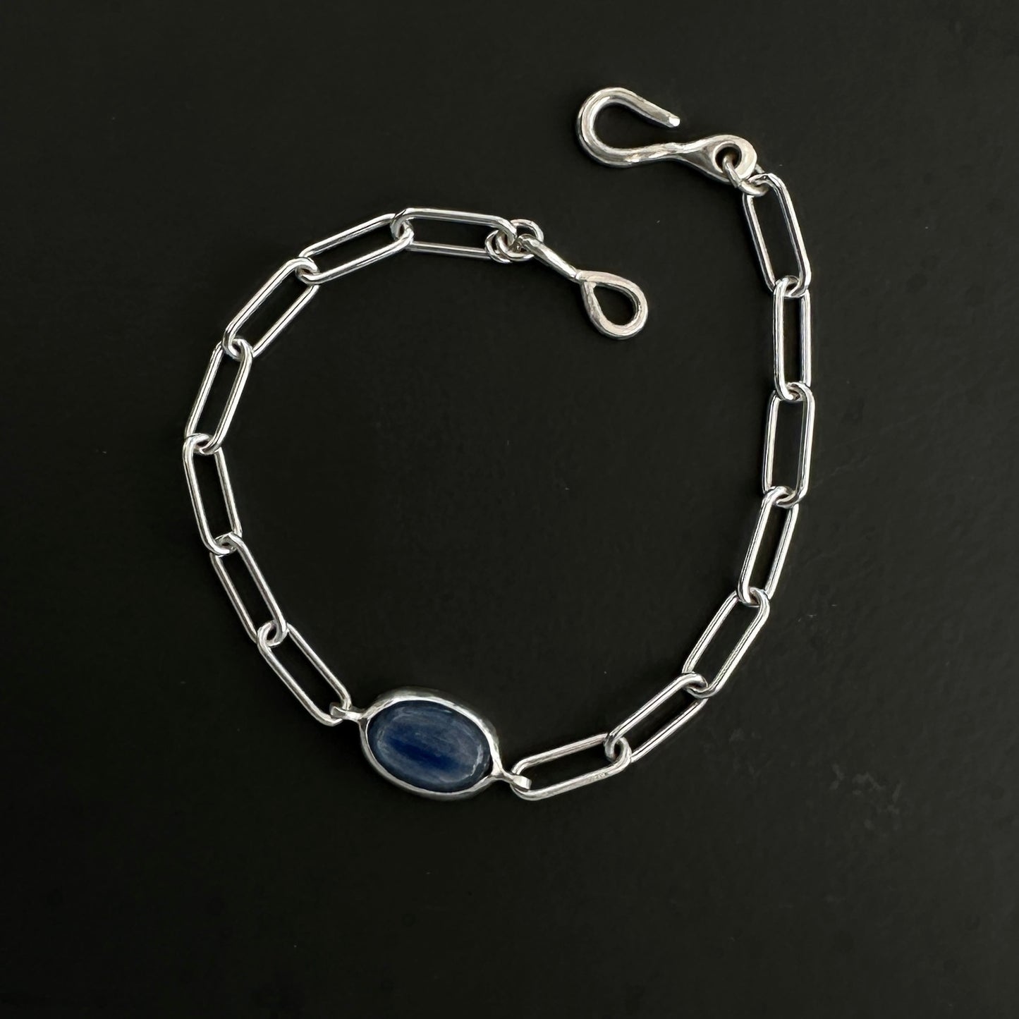 Sterling Silver Paperclip Chain Bracelet | Kyanite Cabochon Gemstone |  Hook Clasp