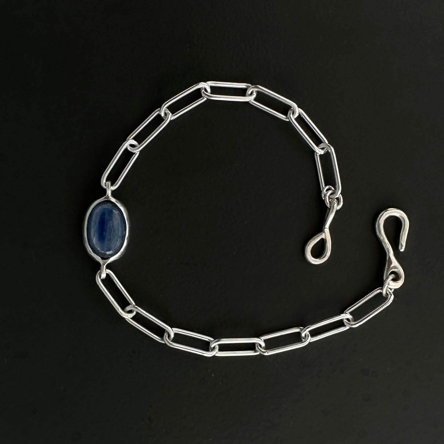 Sterling Silver Paperclip Chain Bracelet | Kyanite Cabochon Gemstone |  Hook Clasp