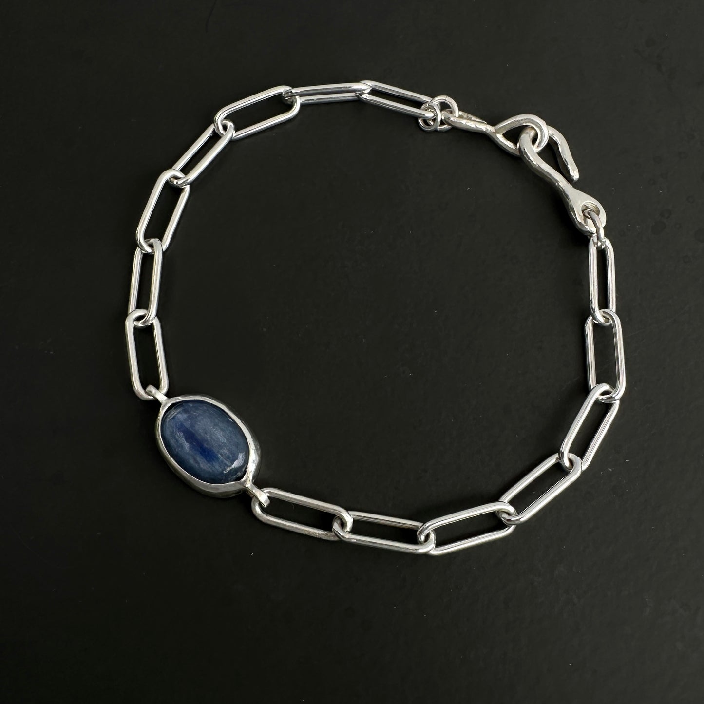 Sterling Silver Paperclip Chain Bracelet | Kyanite Cabochon Gemstone |  Hook Clasp