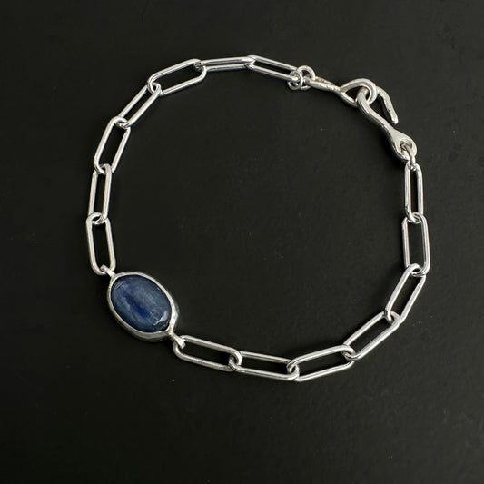 Sterling Silver Paperclip Chain Bracelet | Kyanite Cabochon Gemstone |  Hook Clasp