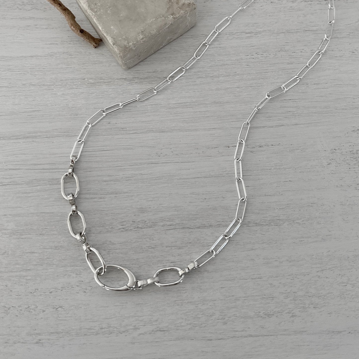 Sterling Silver Paperclip Chain Necklace | Oval Push Clasp | Interchangeable Pendant Chain