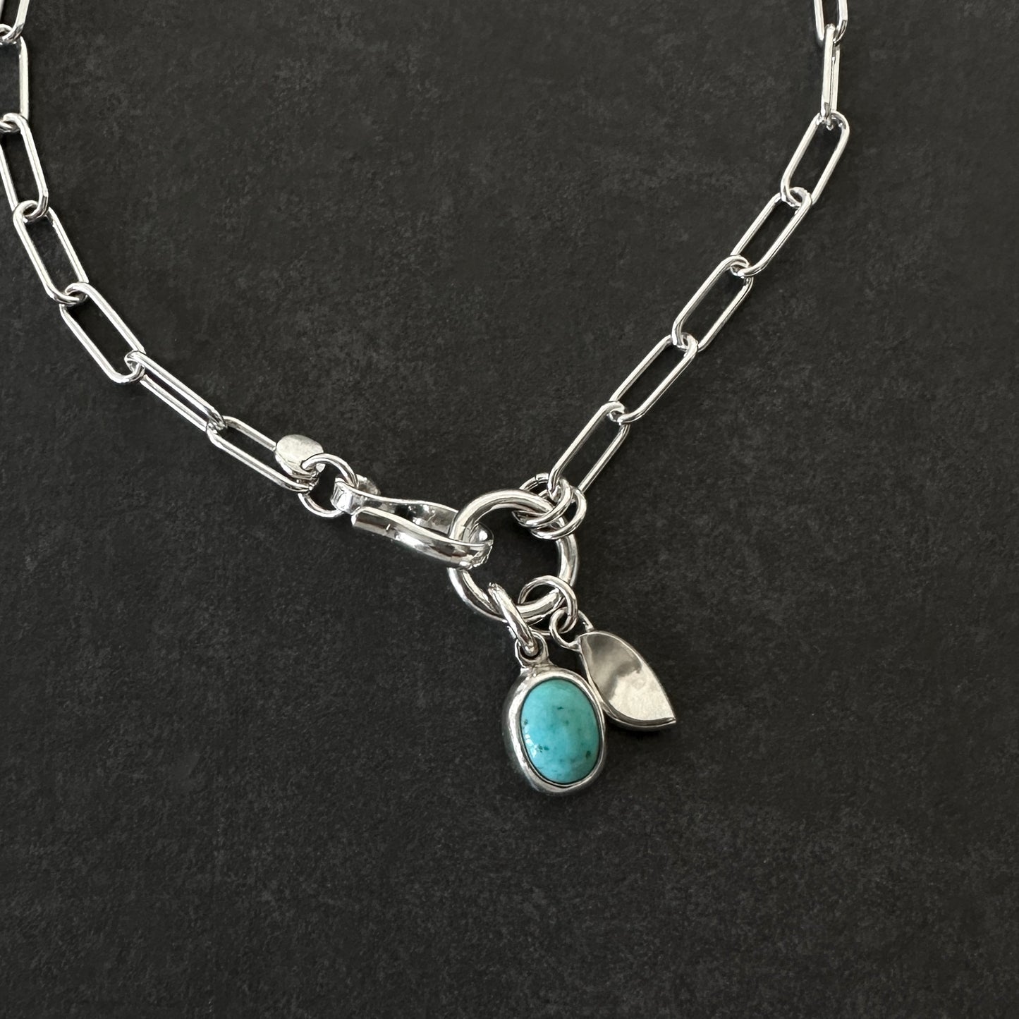 Sterling Silver Paperclip Chain Necklace | Turquoise Pendant | Front Hook Closure