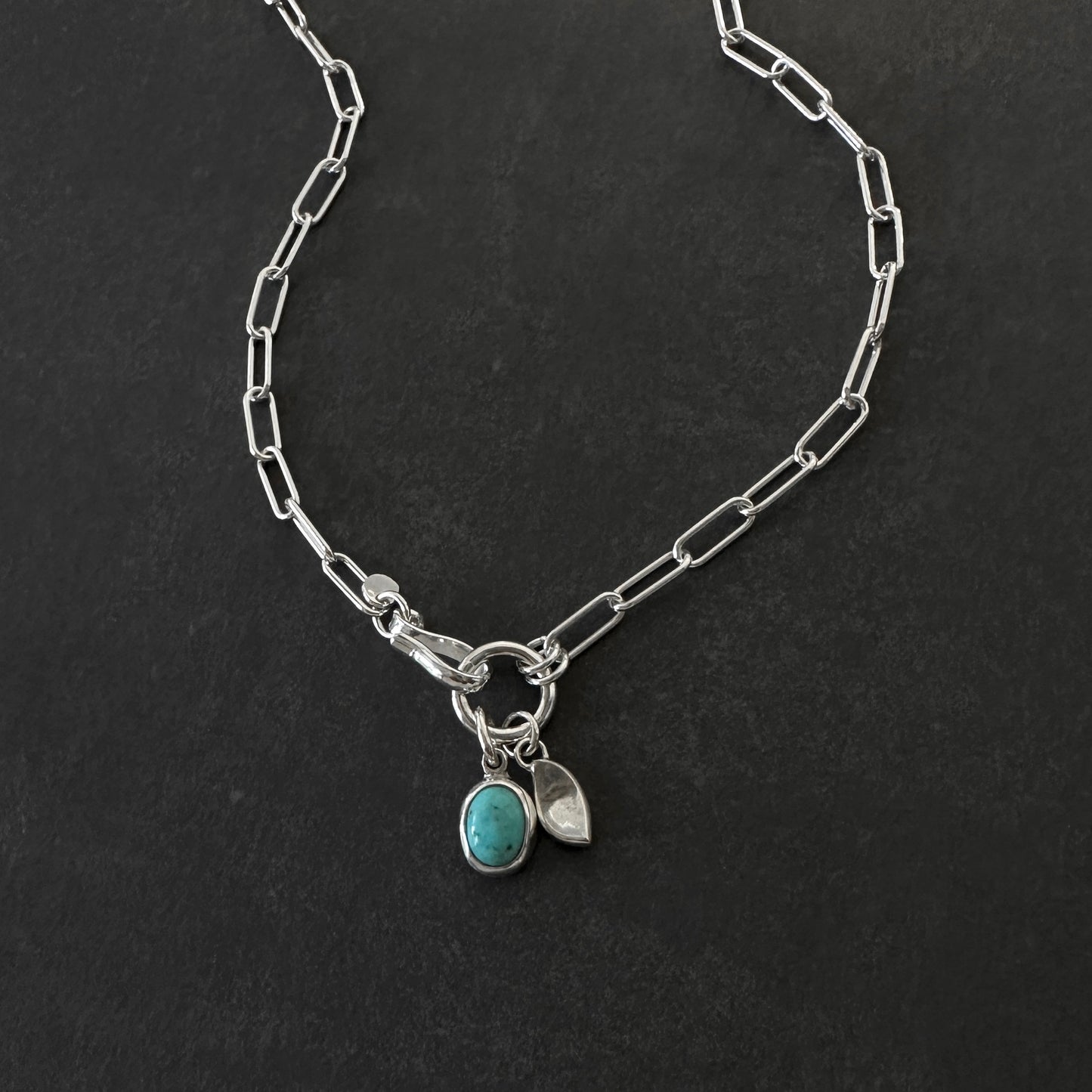 Sterling Silver Paperclip Chain Necklace | Turquoise Pendant | Front Hook Closure