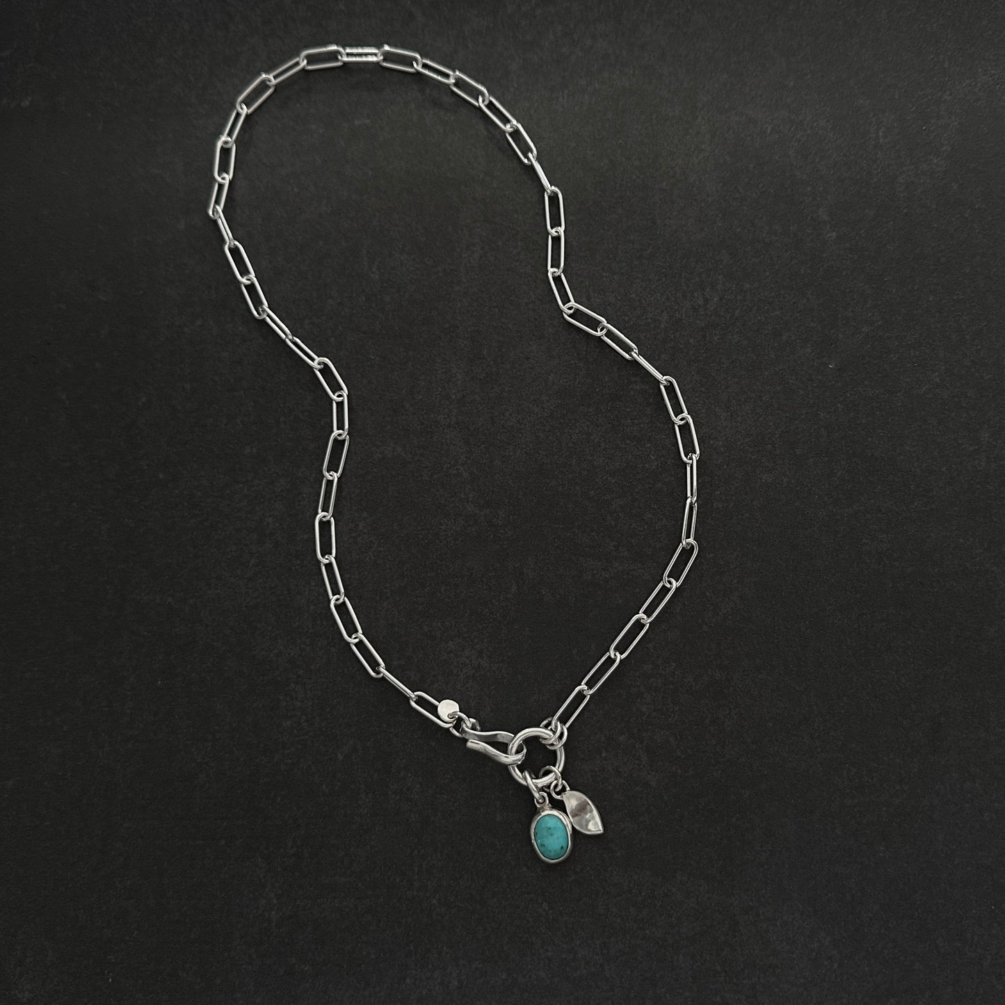 Sterling Silver Paperclip Chain Necklace | Turquoise Pendant | Front Hook Closure