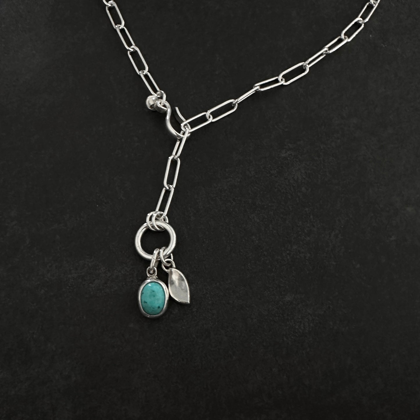 Sterling Silver Paperclip Chain Necklace | Turquoise Pendant | Front Hook Closure