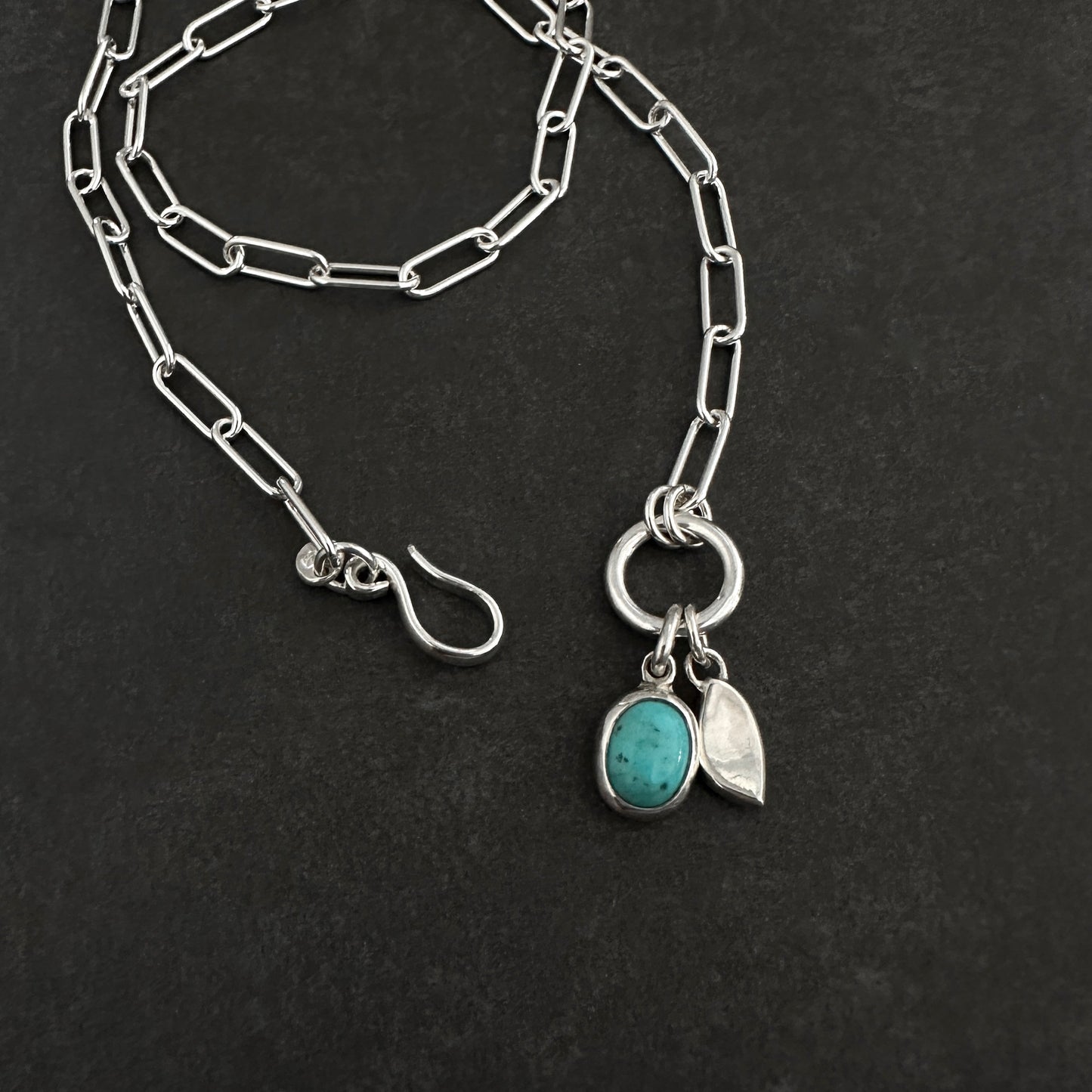 Sterling Silver Paperclip Chain Necklace | Turquoise Pendant | Front Hook Closure