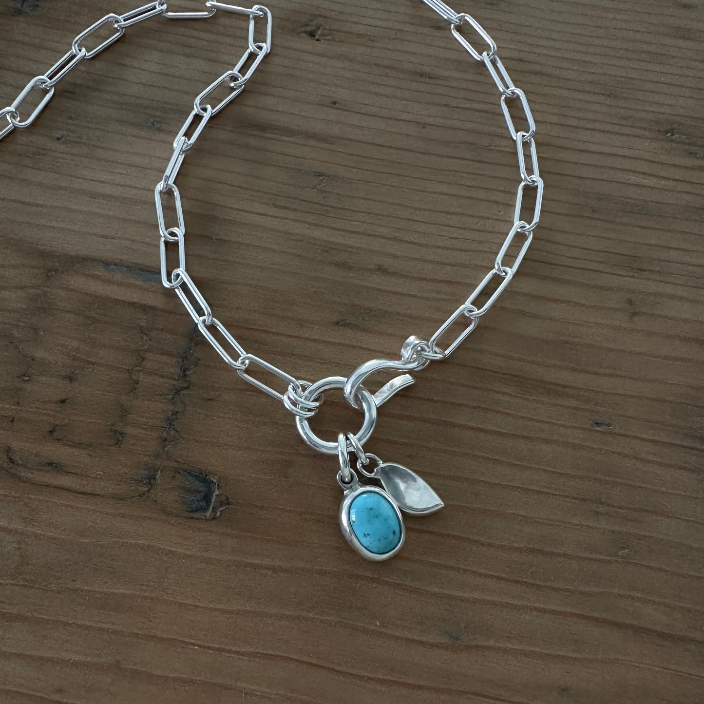 Sterling Silver Paperclip Chain Necklace | Turquoise Pendant | Front Hook Closure