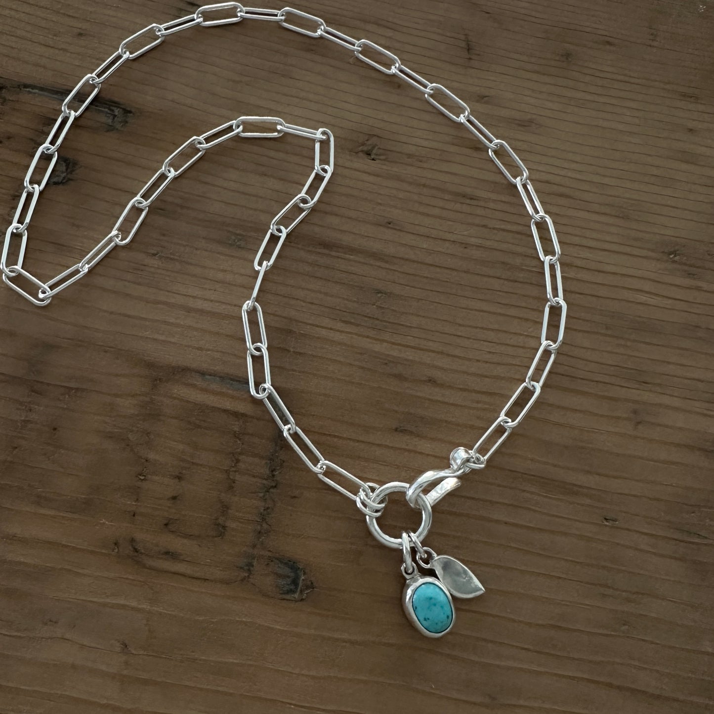 Sterling Silver Paperclip Chain Necklace | Turquoise Pendant | Front Hook Closure