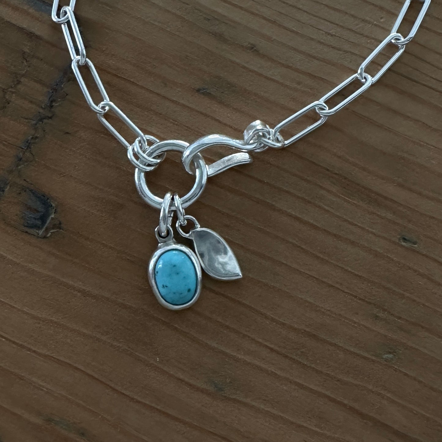 Sterling Silver Paperclip Chain Necklace | Turquoise Pendant | Front Hook Closure