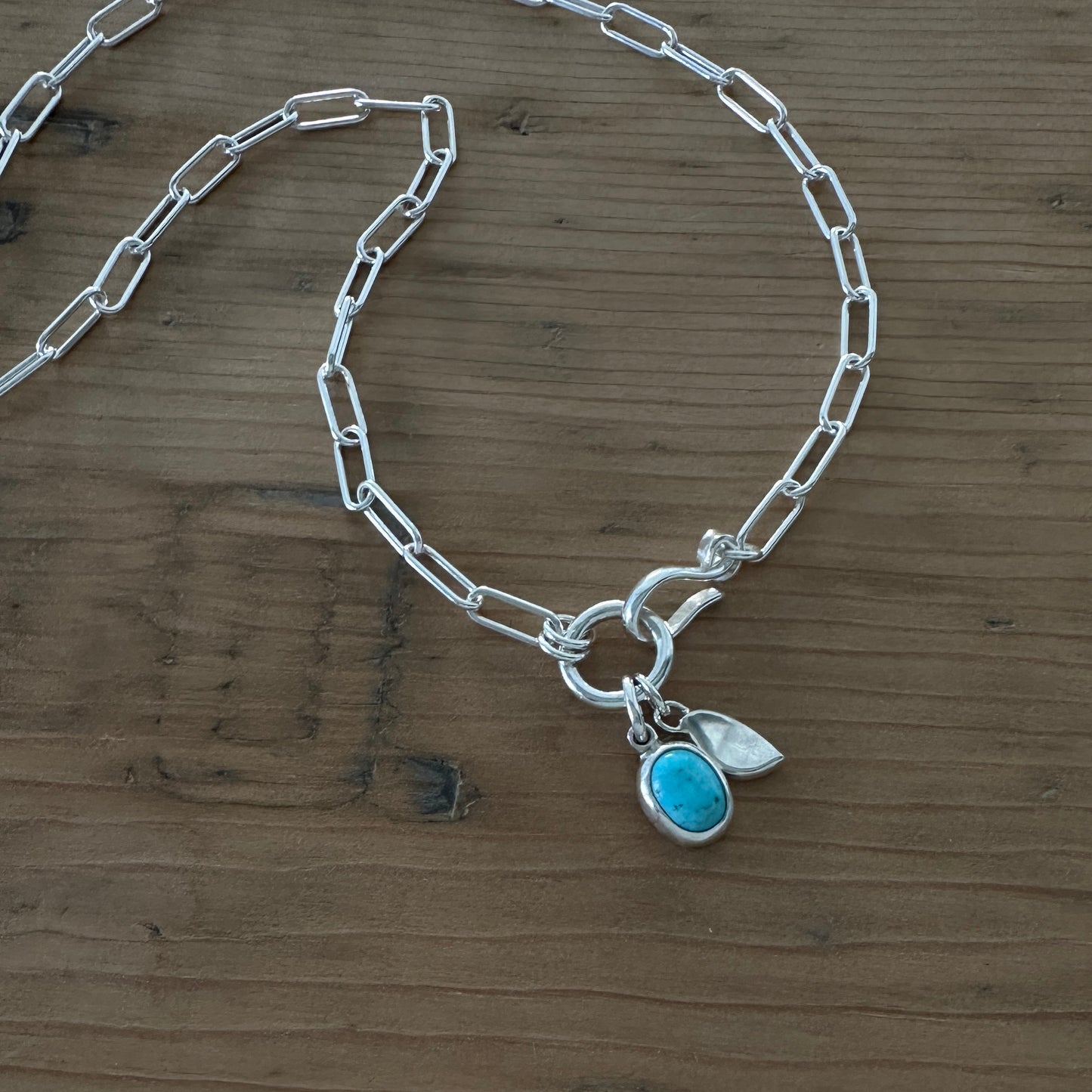 Sterling Silver Paperclip Chain Necklace | Turquoise Pendant | Front Hook Closure