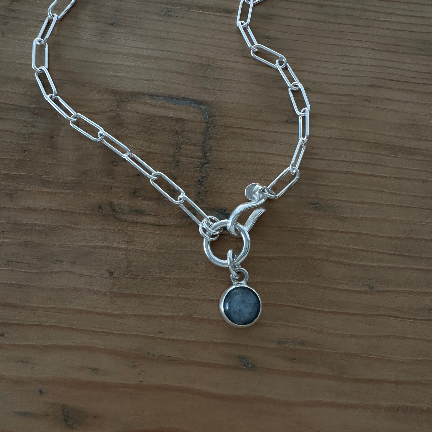 Sterling Silver Paperclip Chain Necklace | Blue Kyanite Pendant | Front Hook Closure